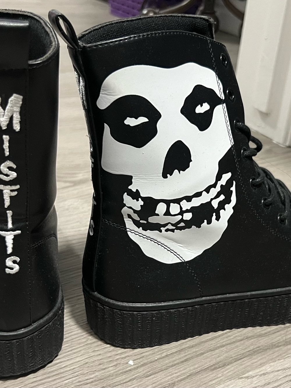 Black MISFITS Combat Boots with White LOGO Skull Graphic - Women